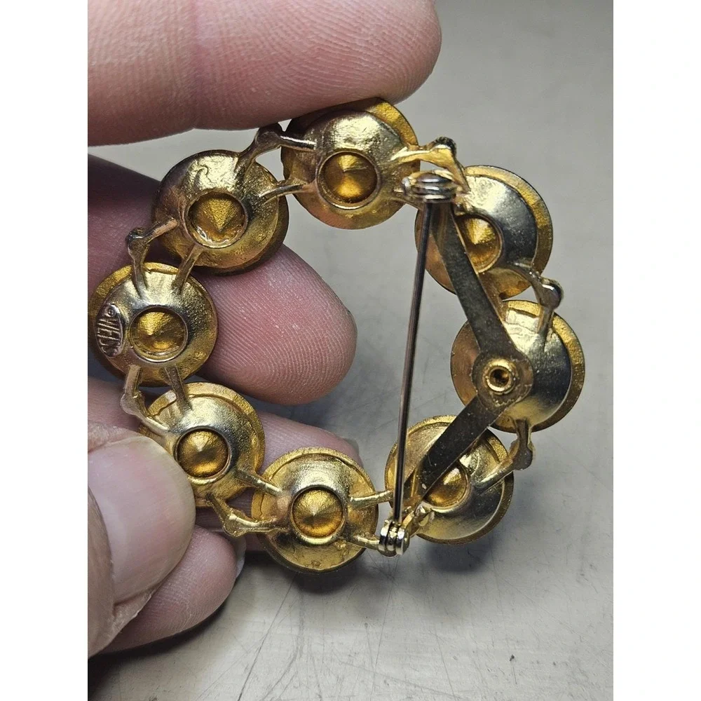 Vintage WEISS Rivoli Rhinestone Brooch Watermelon AB Wreath Gold Tone Pin